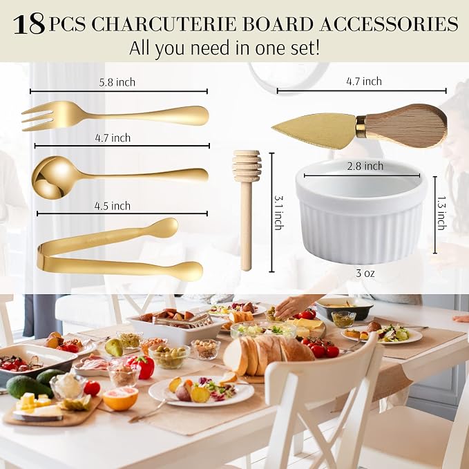 Charcuterie Board Accessories Set - Charcuterie Utensils Kit with Cheese Knives, Spoons & Forks, Ceramic Dipping Bowls, Mini Tongs, Cheese Markers, Honey Dipper for Charcuterie & Grazing Board (Gold)