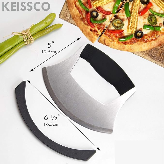 KEISSCO Pizza Cutter Stainless Steel Ulu knife Razor Sharp Rocker Slicer Cutter Mincing Mezzaluna Knife Salad Vegetable Chopper with Upgraded Ergonomic Anti-Slip Handle