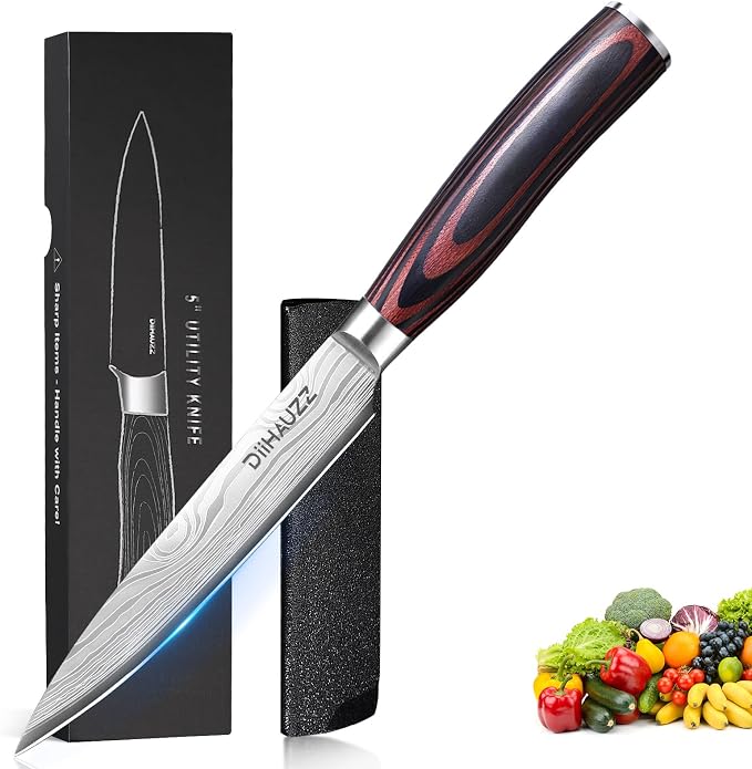 DiiHAUZZ Kitchen Utility Knife, 5 Inch Paring Knife, Ultra Sharp High Carbon Stainless Steel Chef Knife with Ergonomic Pakkawood Handle for Meat Cutting, Fruit Peeling and Vegetable Slicing