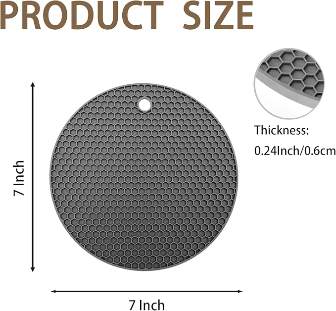 6-Pack Silicone Trivet Mats, Heat Resistant Hot Pads, Dishwasher Safe Kitchen Mats, BPA-Free Pot Holders for Table, Countertop, Stove, Honeycomb Design (Dark Grey, 7“ Round)