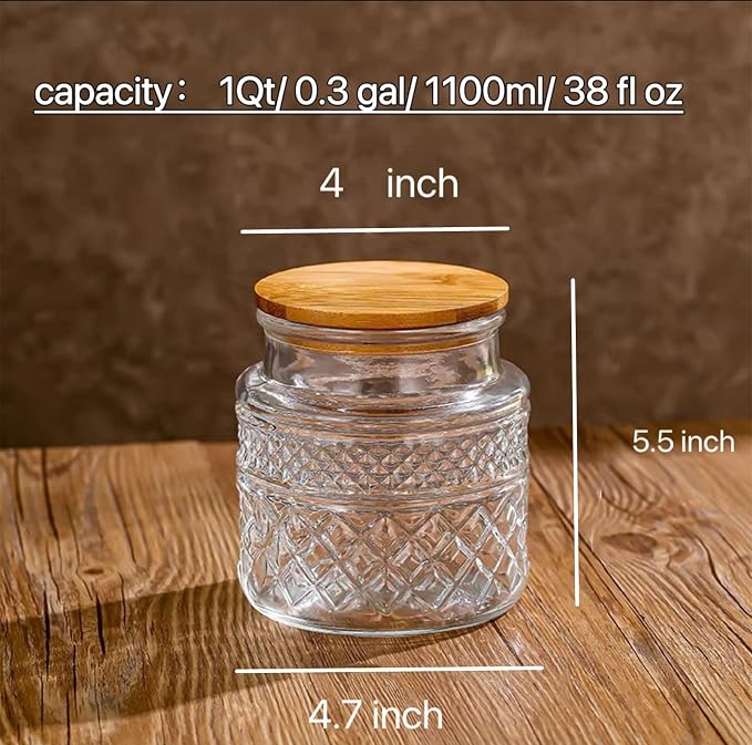 Prettidecor Glass Storage Jars, 38 FL OZ Airtight Canisters with Bamboo Lid, Decorative Kitchen Containers for Cereal, Nuts, Snacks, Candy, Cookies, Coffee, Tea | Kitchen Pantry Coffee bar Canister for Coffee Sugar Cereal Nut Candy, Airtight Bamboo Lid...