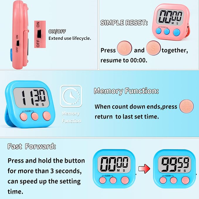 Timer for Kids Teachers Supplies Digital Kitchen Timers for Cooking Large Magnetic Classroom Timer 12Pack-Blue Pink