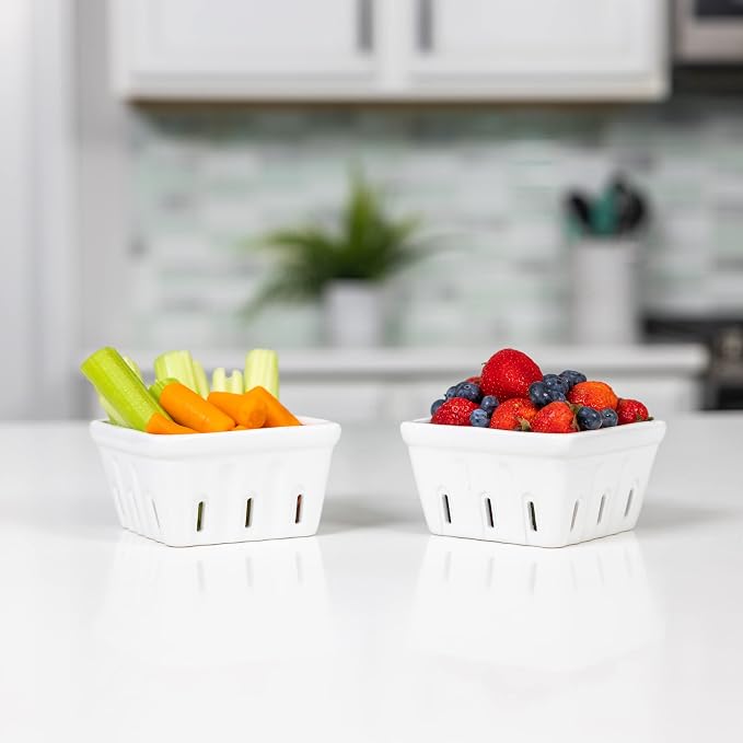 Zen People Ceramic Berry Basket | Reusable Stoneware Berry Bowls with Holes | Porcelain Fruit Colander | Strainer | Set of 2 Berry Boxes, White