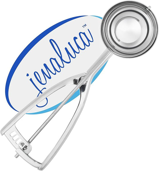 Jenaluca Extra Large Ice Cream Scoop, 18/8 Stainless Steel, 1/3 Cup, #12 | Commercial grade disher for ice cream, pancakes, burgers & food portions. Squeeze handle. Dishwasher safe.