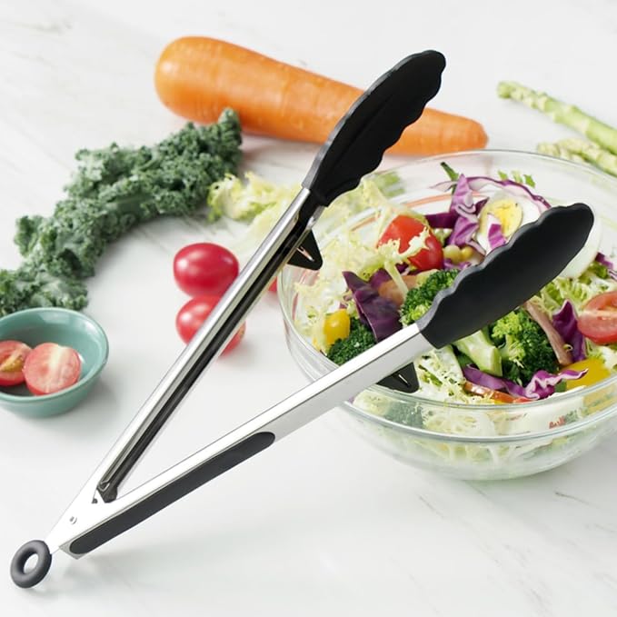 Silicone Kitchen Tongs, 3Pcs Tongs for Cooking with Silicone Tips, Food Grade Small Tong, Mini Serving Tong for BBQ Salad, Black, 7"+9"+12"