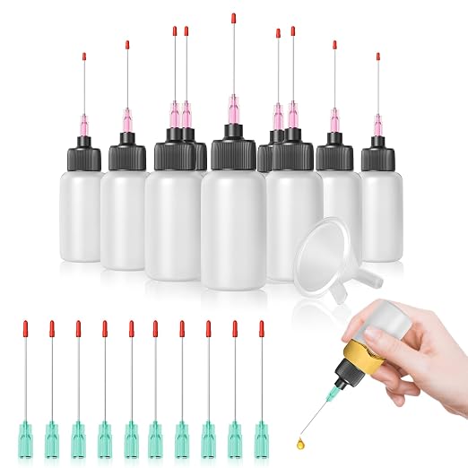 10 Pcs Oil Bottles (1 oz), LDPE Precision Gun Oil Bottle with 18G 21G Tips | Precision Tip Applicators, Soft Squeeze Control, Sealing Caps, Funnel for Refilling, Crafts, Sewing Machines & Tight Spaces