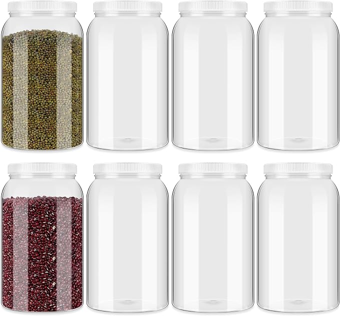8 Pcs 1 Gallon Clear Plastic Jars Airtight Pantry Large Mouth Jars Plastic Jug Cylinder Containers with Lids for Candy Butter Honey Sugar Cookies Arts Crafts Bartender Kitchen(White Lids)