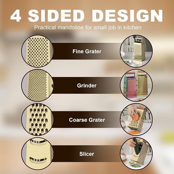 Handheld Cheese Grater Box for Kitchen, Stainless Steel 4 Sided Cheese Grater with Handle for Grinding Shredding & Slicing, Dishwasher Safe (Champagne Gold)