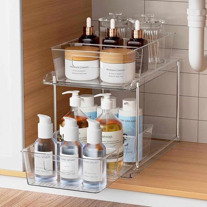 Bathroom Under Sink Organizers and Storage, 2 Tier, 1 Pack | Clear Vanity Countertop Pull-out Cabinet Organizer, Stackable Multi-Purpose Kitchen Pantry Organization with Dividers