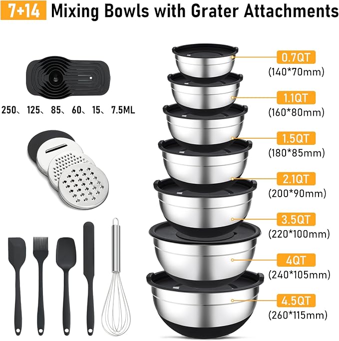 Unokit Mixing Blows with Lids Set - 7-Piece | Non-Slip Stainless Steel Nesting Mixing Bowls with Grater Attachments, Mixing Bowl Set for Multi Mixing & Serving
