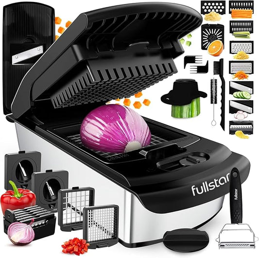 Fullstar Pro Original Vegetable Chopper & Mandoline - Chopper & Mandoline Lids - Food Chopper with Container, Fruit Slicer Onion Dicer - All-in-One Prep Tool - Kitchen Gadgets & Gifts (14 in 1, Steel)