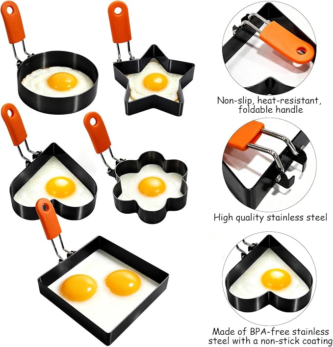 8 Pcs Nonstick Stainless Steel Egg Rings,Multi-Shape Egg Cooking Molds with Silicone Handle,Oil Brush & Egg Separator,Kitchen Griddle Accessories for Frying Eggs,Omelets,Pancakes,Muffins