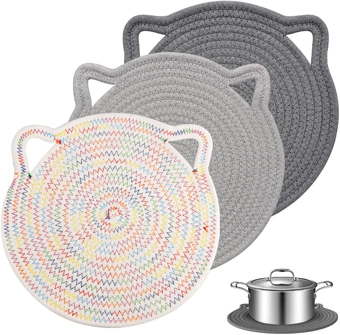 12" Pure Cotton Trivets Set with 0.35" Thick (3 Pcs, Grey) | Tightly Woven, Machine Washable, Heat Resistant, Large, Cute Cat Kitchen Accessories for Hot Dishes Pots Pans, Decor, Gift