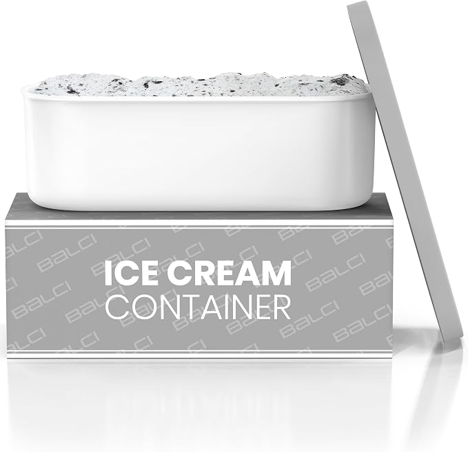 BALCI - Ice Cream Container - 2 Quart - Perfect Reusable Freezer Storage for Homemade Ice Cream Tubs for Sorbet, Frozen Yogurt and Gelato! - Flexible Silicone Lids, Long Scoop, Stackable - Grey