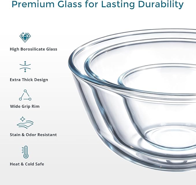 E-far Glass Mixing Bowls with Airtight Lids Set for Cooking Prep Serving | Thick Glass Salad Bowls, Large Clear Nesting Bowls for Storage Sourdough Proofing, Dishwasher Safe, 4.8,2.9,0.8 Qt, 3 Pack