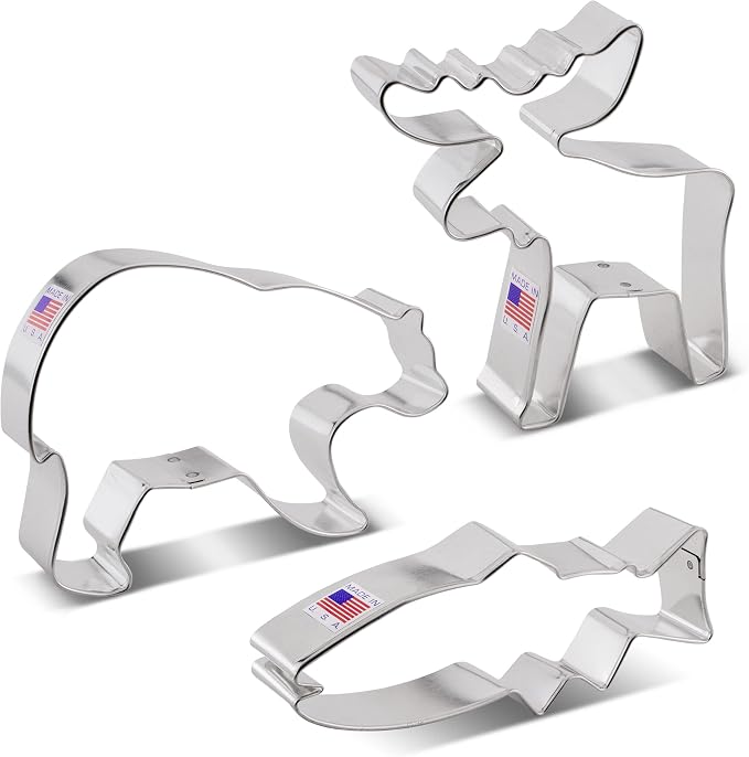 Ann Clark 3-Pc. Mountain Wildlife Cookie Cutter Set, Made in USA, Large Grizzly Bear, Moose and Fish