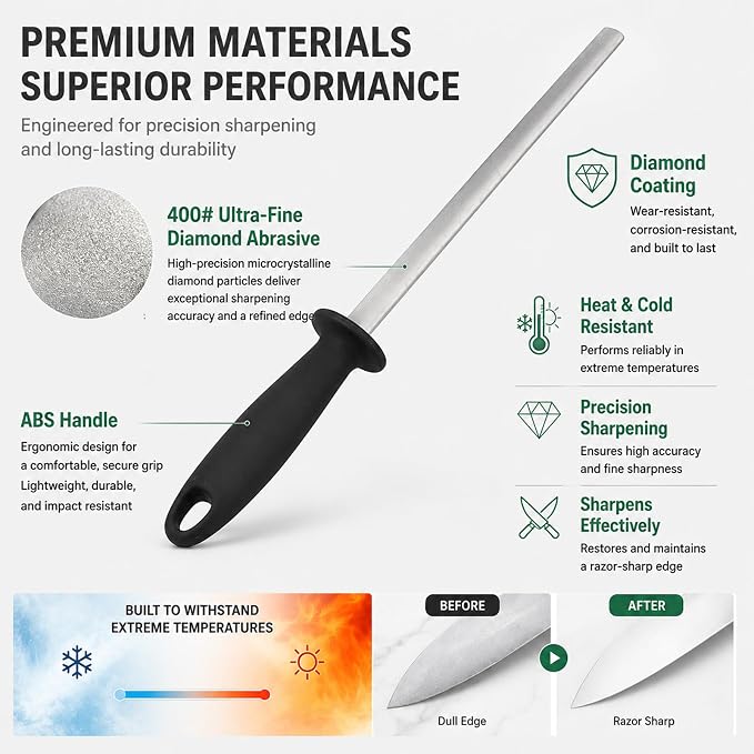 5 Inch Diamond Knife Sharpening Steel Rod, Professional Kitchen Diamond Knife Blade Sharpener Rod Stick, Knife Honer Steel for Honing Knife Blades, Chef Knives and Shears