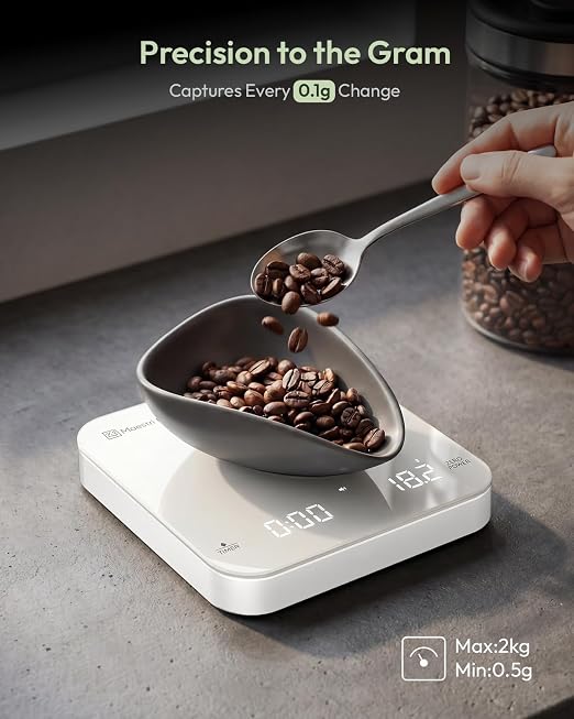 Maestri House S2 Espresso Coffee Scale with Timer 0.1g Precision Shot Scale | USB-C Rechargeable, Dual Timing Modes, 2kg/0.1g Digital Scale with Borosilicate Glass Top for Espresso and Pour-Over Brewing