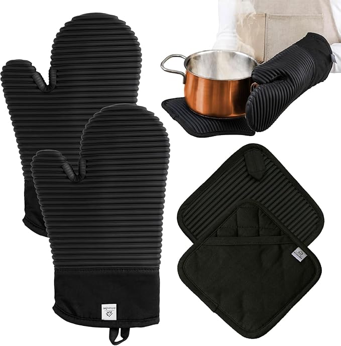 Silicone Oven Mitts and Pot Holders Set, 4-Piece | Extra Long Heat Resistant 500°F, Non-Slip Waterproof Oven Gloves with Quilted Cotton Lining | BPA-Free Hot Pads for Baking, Grilling & Cooking