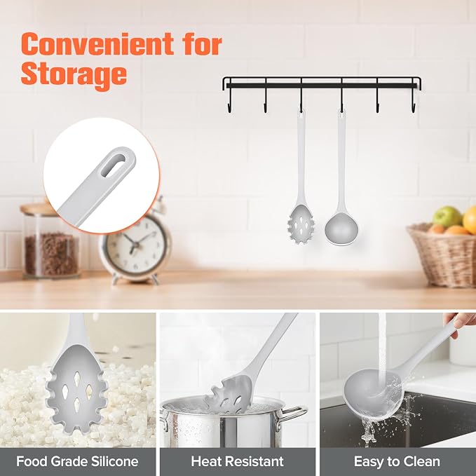 Silicone Spaghetti Spoon&Soup Ladle Cooking Utensils Set of 2,No Scratch for Nonstick Cookware,BPA Free, 450℉ Heat Resistant (GRAY)