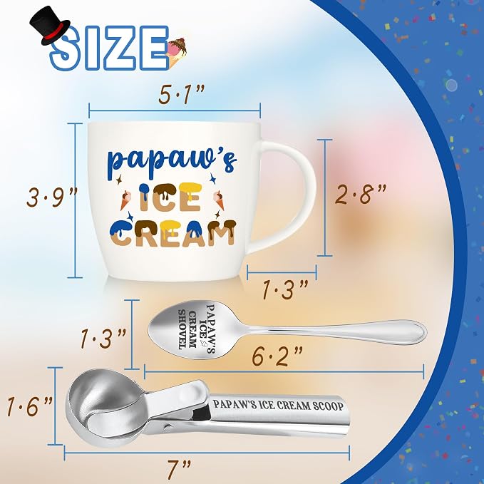 Christmas Papaw Gifts, Gifts for Pawpaw from Grandkids, Pawpaw's Ice Cream Bowl Scoop Shovel Spoon Set, Pawpaw’s Ice Cream Birthday Grandparents Day Gift for Him Man