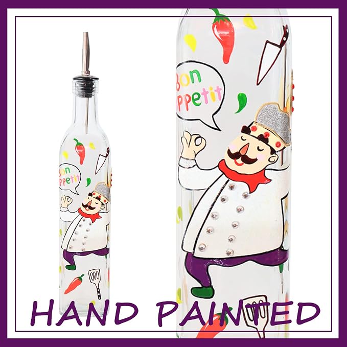 17oz Hand Painted Glass Olive Oil Bottle - 500ml Green Oil & Vinegar Cruet with Pourers and Funnel - Olive Oil Carafe Decanter for Kitchen (chef)