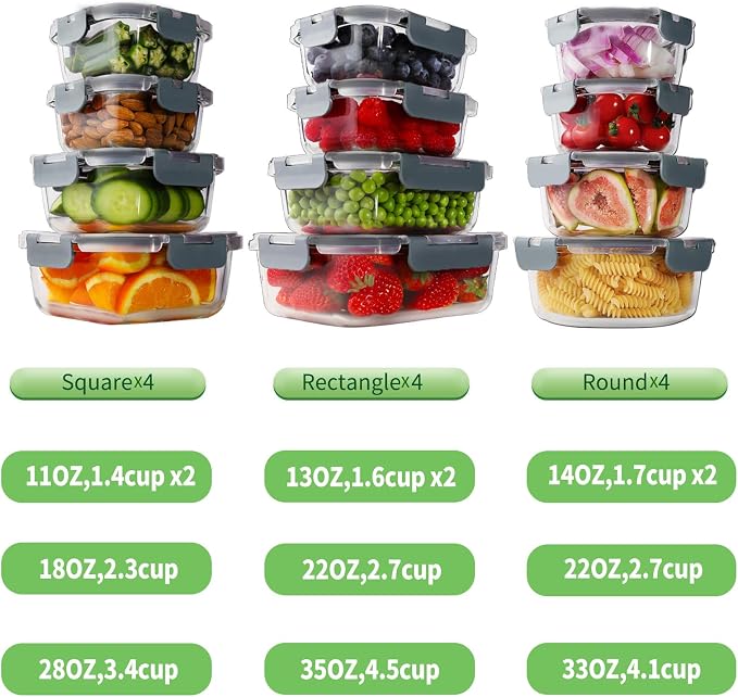 HOMBERKING 24pc Borosilicate Glass Food Storage Containers with Snap Locking Lids, Glass Meal Prep Containers, Airtight Lunch Boxes, Oven, Freezer and Dishwasher Safe, BPA Free, Kitchen Storage Set