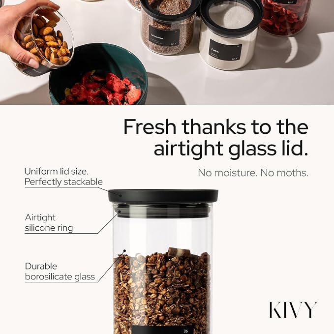 KIVY Glass spice jars transparent Glass Lid [6x 12oz] Stackable & Airtight small glass jars - Spice containers - Seasoning jars tea - Spice storage containers - Spice jars with black lids & labels