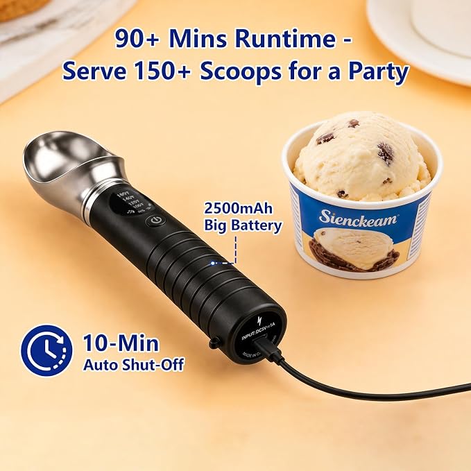 Heated Ice Cream Scoop Rechargeable, Electric Ice Cream Scooper with 4 Temp Modes & LED Display, Heats up to 160°F for Rock-Hard Ice Cream, IPX7 Waterproof Kitchen Gadget for Seniors & Kids (Black)