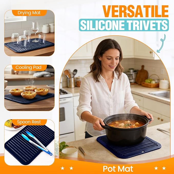 Silicone Trivets for Hot Pots and Pans - 4 Heat Resistant Pot Holders Silicone Trivet Mat Multipurpose Counter Pads (Dark Blue)