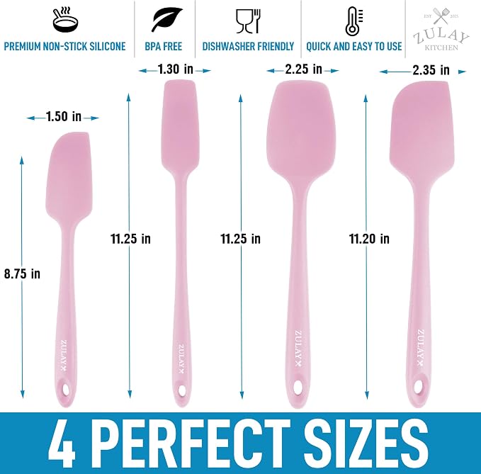 Zulay 4pcs Silicone Spatula Set - Heat Resistant Silicone Tools for Cooking, Baking & Mixing - One Piece Design Spatulas for Non-Stick Cookware - Durable Stainless Steel Core (Pink)