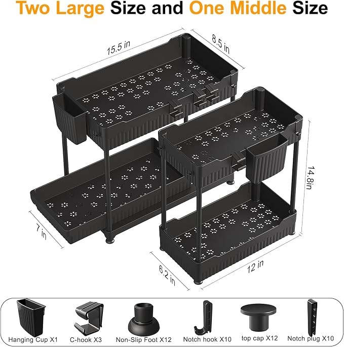 3-Pack 2-Tier Under Sink Organizers with Sliding Drawers | Multi-use kitchen & bathroom storage, 14.8 inch black cabinet organizer, space-saving sliding drawer design.