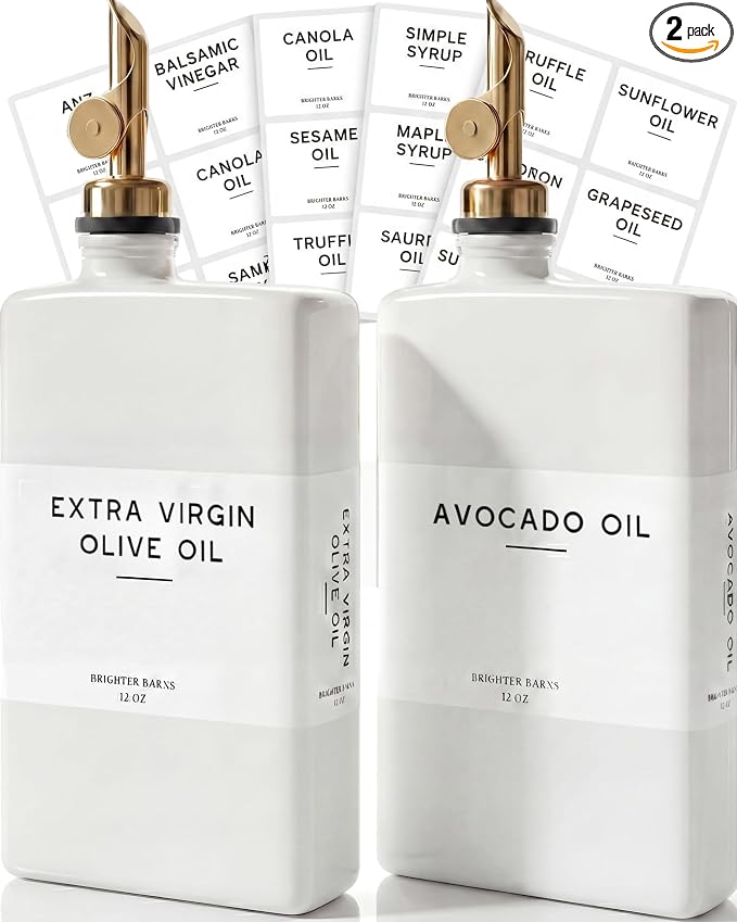 White Glass Olive Oil Dispenser Bottle for Kitchen by Brighter Barns - Avocado Oil Dispenser Set, Vanilla Syrup Bottle - Modern Decor, Gold Kitchen Accessories for Airbnb, Cafe (White/Gold, Set of 2)