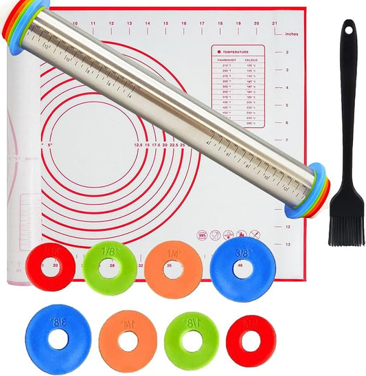 Adjustable Rolling Pin 3 Set and Silicone Baking Pastry Mat Silicone Bush Set,Thickness Rings,Stainless Steel Dough Roller 17.4" Rolling Pins for Baking Dough