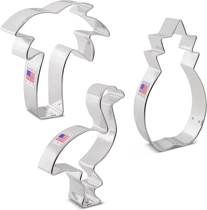 Ann Clark Tropical Hawaiian Cookie Cutters 3-Pc. Set Made in USA, Flamingo, Palm Tree, Pineapple