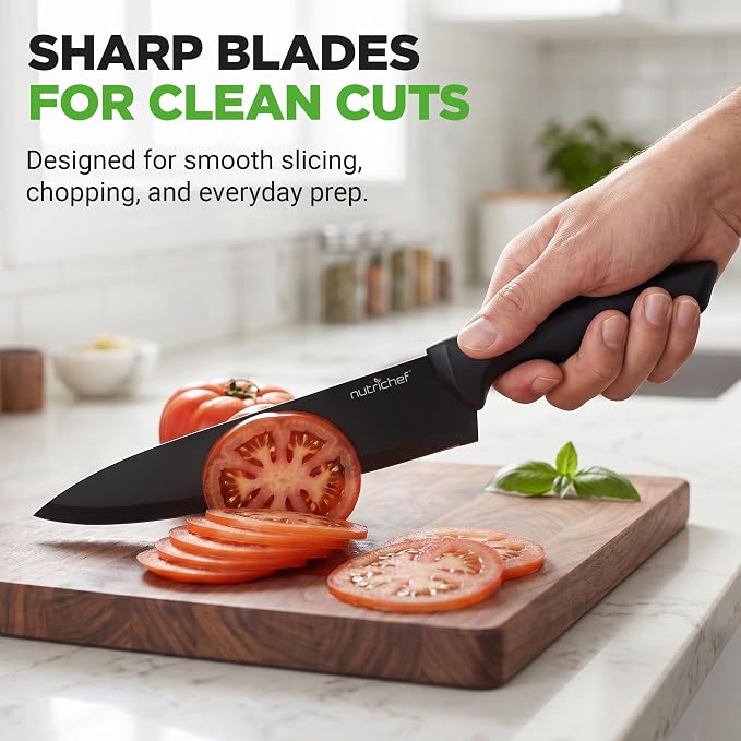NutriChef 7 Piece Kitchen Knife Set - Stainless Steel Kitchen Precision Knives Set w/ 5 Knives & Bonus Sharpener, Acrylic Block Stand - Cutting Slicing, Chopping, Dicing - NCKNS7X