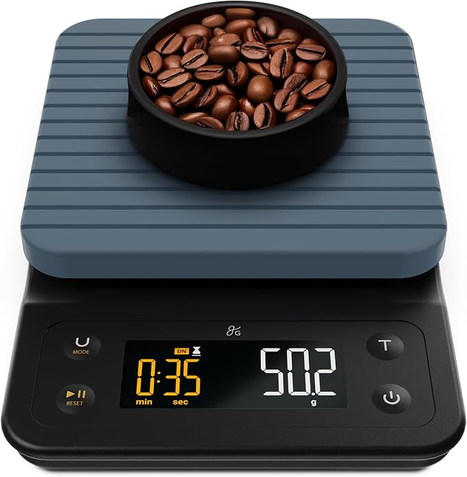 Greater Goods Coffee Scale with Timer, 0.1g Precision for Espresso & Matcha | Digital Pour-Over Scale with Waterproof Silicone Cover, Backlit Display & 6.6lb Capacity for Chemex, V60, Drip (Stone Blue)