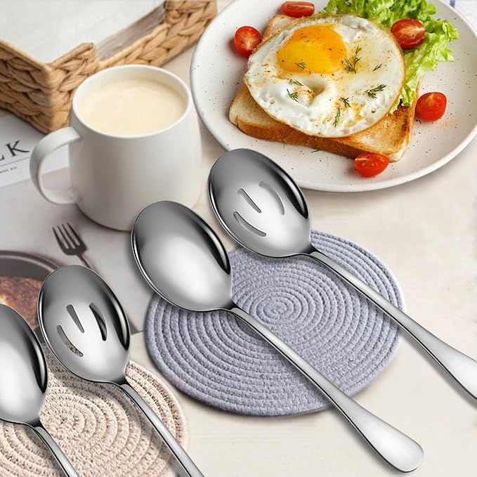 Stainless Steel Serving Spoons Set, 6pc, 10-Inch, Includes 3 Large, 3 Slotted, for Parties/Kitchen/Buffet/Catering, Dishwasher Safe