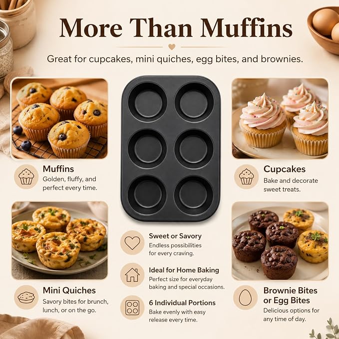 Premium Non-Stick Muffin Baking Pan,6-Cup cake Pan Set of 2(Black) | Even Heat Distribution,Rustproof & Dishwasher Safe,Food-Grade 304 Stainless Steel Muffin Mold for Home Baking,Ideal Gift