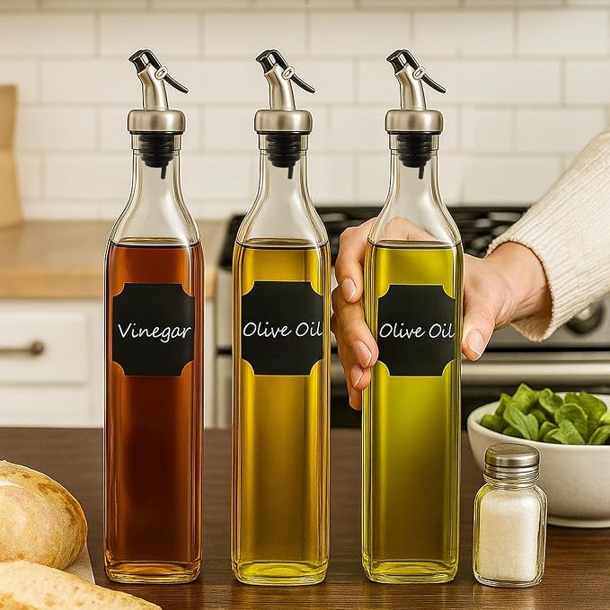 WERTIOO Oil Bottles for Kitchen 3 Pack, 17oz Oil and Vinegar Dispenser Set | 500ml Olive Oil Dispenser Bottle for Kitchen, with 3 Plastic Pourer, 1 Stainless Steel Funnel, Pen and Label