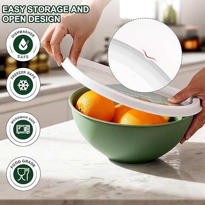 Greentainer Plastic Mixing Bowls with Lids Set for Kitchen, 6 Set Nesting Bowls for Mixing, Baking, Prepping, Cooking and Serving Food, Mixing Bowls Dishwasher, Microwave Safe