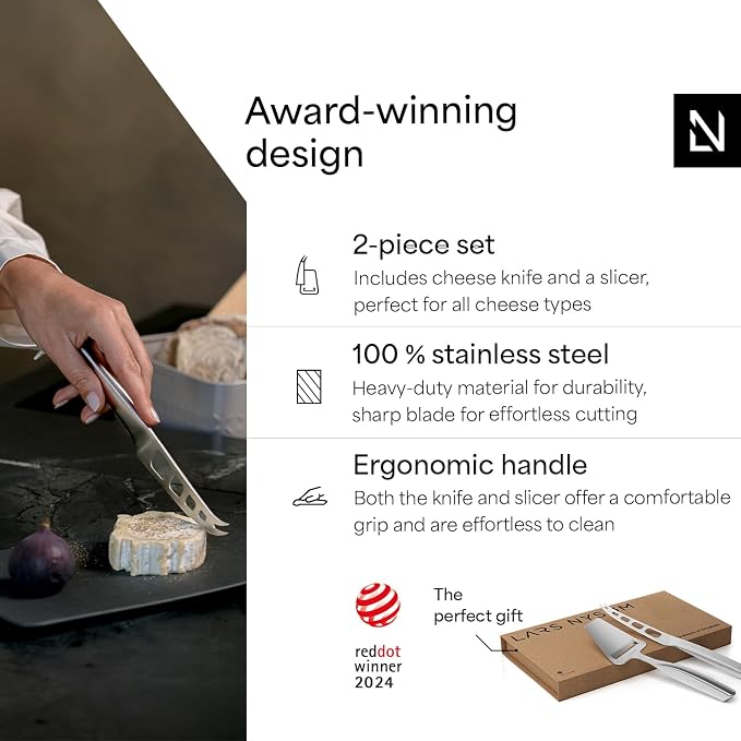 LARS NYSØM Cheese Slicer and Knife Set 2 pcs. I Cheese Knife Set & Cutter Made of Stainless Steel (Stainless Steel)