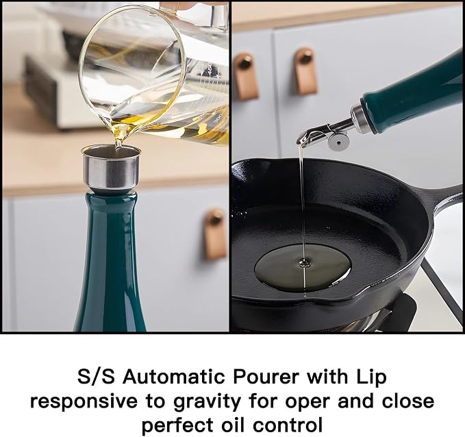YOLIFE Olive Oil Dispenser Bottle, 15oz Ceramic Oil Dispenser for Kitchen | Oil Bottle with Gravity Spout, Leak Proof EVOO Dispensing Bottle with 2 Spouts and 1 Funnel for Vinegar, Juice(Green)