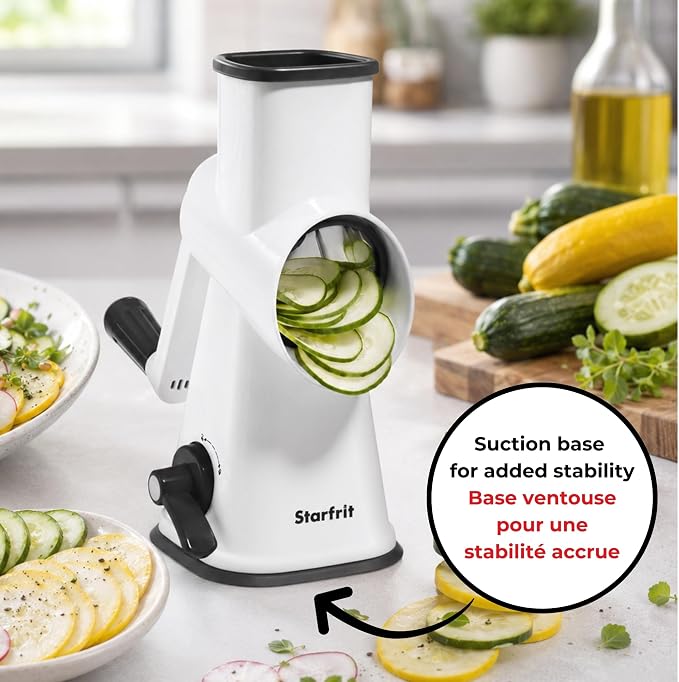 Starfrit Rotary Drum Grater, 4 Stainless Steel Drums, Slicer & Grater | 4 stainless steel drums. Slice, grate and shave ice. Easy hand crank. Strong suction base. Easy to clean.
