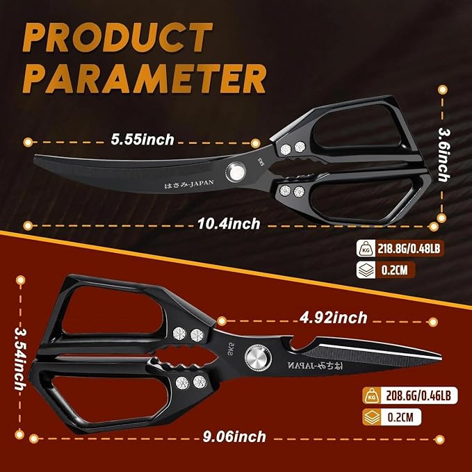 HUUSK Kitchen Scissors Set Black - Stainless Steel Kitchen Shears, Sharp Meat Scissors, Heavy Duty Poultry Shears All Purpose, Japanese Cooking Scissor for Food, Gifts for Men