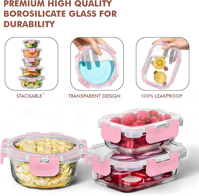 Razab 30 PC Glass Food Storage Containers with Lids - Reusable Glass Meal Prep Containers for Lunch and Leftovers - Airtight & Leakproof Snap Locking Lids - Oven, Freezer, Microwave, Dishwasher Safe