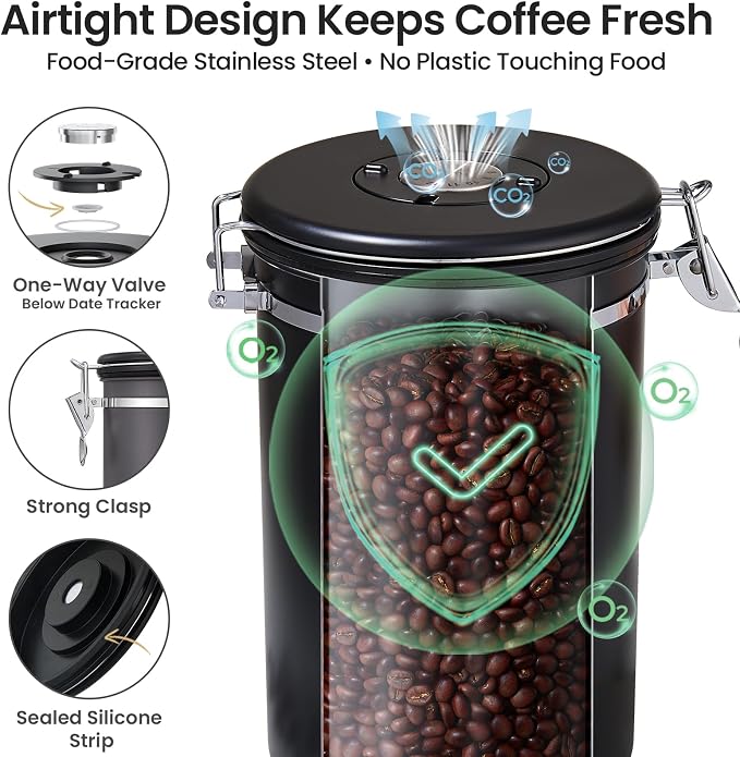 Veken Coffee Canister,39OZ, 2.2lbs,Large Airtight Stainless Steel Container | Kitchen Food Storage Jars for Beans,Ground, Espresso, Rice,Tea, Sugar, Cereal, Cookie, Gifts, Lids, Scoop, Black