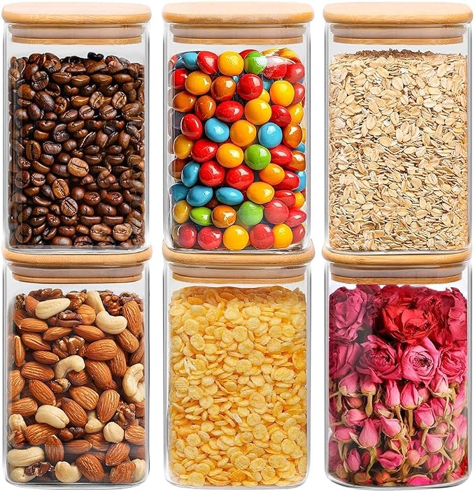 ComSaf Glass Storage Containers wtih Lids 1.2 Qt, Set of 6 Food Storage Jar | Glass Pantry Storage Containers, Square Kitchen Canisters, Pantry Organizers, Tea, Oat, Spice, Coffee, 37oz Jars, BPA Free