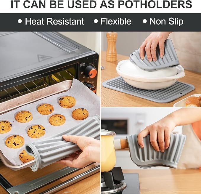 9"x12" Heat Resistant Silicone Trivets for Hot Pots and Pans, Hot Dishes | 2 PCS Large Multipurpose Non Slip Pot Holders Hot Pads Mat for Kitchen Countertop Table, Food Grade & BPA Free, Grey