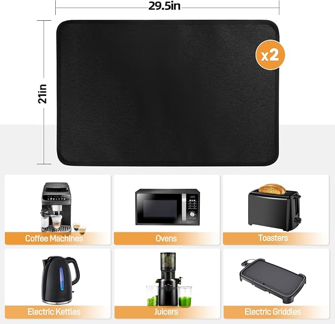 2 PCS Heat Resistant Mats for Countertop Air Fryer, 29.5x21in Black | 1022 ℉ Fireproof mat, air fryer accessories for ninja, cosori, waterproof hot pads for kitchen toaster, oven, coffee maker